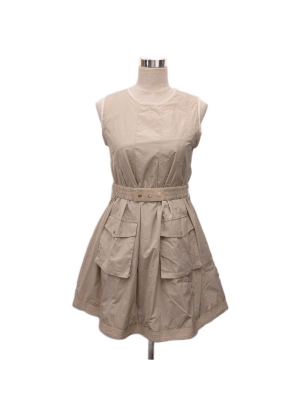 Moncler Sleeveless Dress Logo Flare Knee-length with Belt Beige